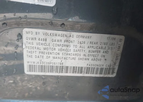 2009 Volkswagen Passat Komfort из США, поврежденный, VIN WVWJK93C09P051785